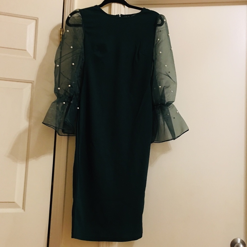 Elegant Midi Dress with Sheer Sleeves & Pearls - Picture 8 of 8
